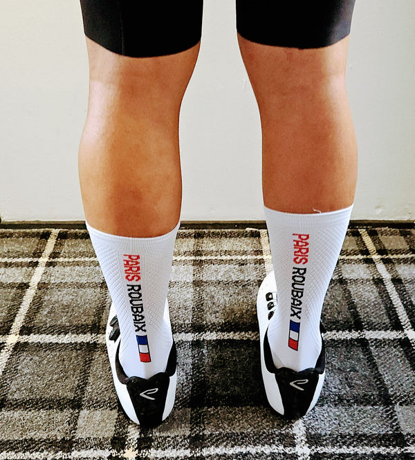 Saviour Cycling | The Monuments | Paris Roubaix | White Pro Cycling Socks | 17cm Cuff | Q-Skin | Size Small/Medium (36-42 EU) Large/XLarge (43-48)