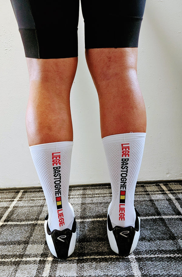 Saviour Cycling | The Monuments | Liege Bastone Liege | White Pro Cycling Socks | 17cm Cuff | Q-Skin | Size Small/Medium (36-42 EU) Large/XLarge (43-48)