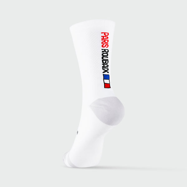 Saviour Cycling | The Monuments | Paris Roubaix | White Pro Cycling Socks | 17cm Cuff | Q-Skin | Size Small/Medium (36-42 EU) Large/XLarge (43-48)