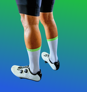 Saviour Cycling | Saviour Pro Simple Green Band | White Cycling Socks | 17cm Cuff | Q-Skin | Size Small/Medium (36-42 EU) Large/XLarge (43-48)